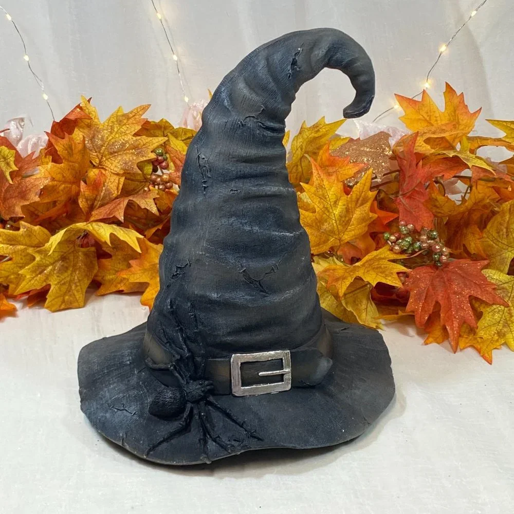 Witch Hat Halloween Prop Decor Gray Stitches Spider Centerpiece Resin Large 14